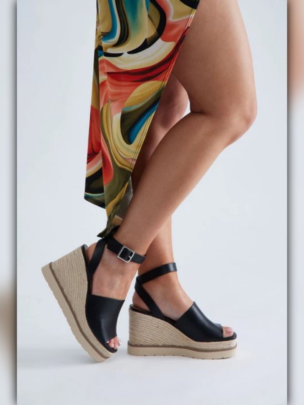 A042B • Black Espadrille Platform Wedge Sandals Cloud Feel Comfort